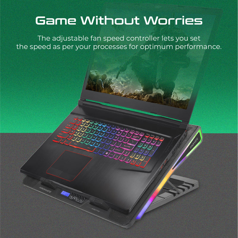 Vertux Arctic Portable Height Adjustable RGB Gaming Cooling Pad, Foldable 17 Inch Laptop Cooler Fan Stand, Small LCD Screen, Dual USB Port, Built-In Controls & Smart LED, Black Vertux Arctic Portable Height Adjustable RGB Gaming Cooling Pad, Foldable 17 Inch Laptop Cooler Fan Stand, Small LCD Screen, Dual USB Port, Built-In Controls & Smart LED, Black